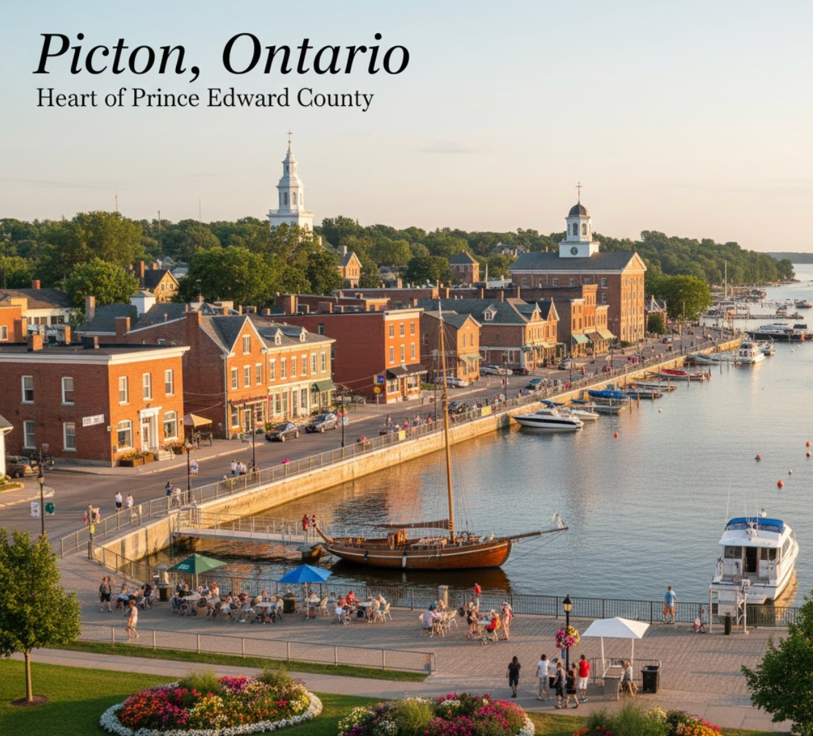 Picton, Prince Edward County Waterfront: Historic downtown at sunset with marina, luxury boats, and executive chauffeur service