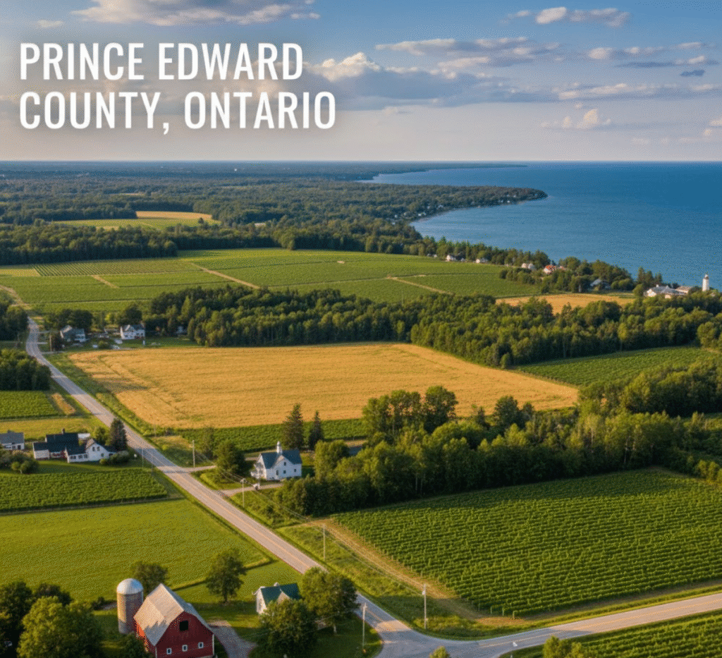 Aerial view of Prince Edward County vineyards & Lake Ontario. Ideal for PEC taxi, limo, flat rate airport transfers with car seats.