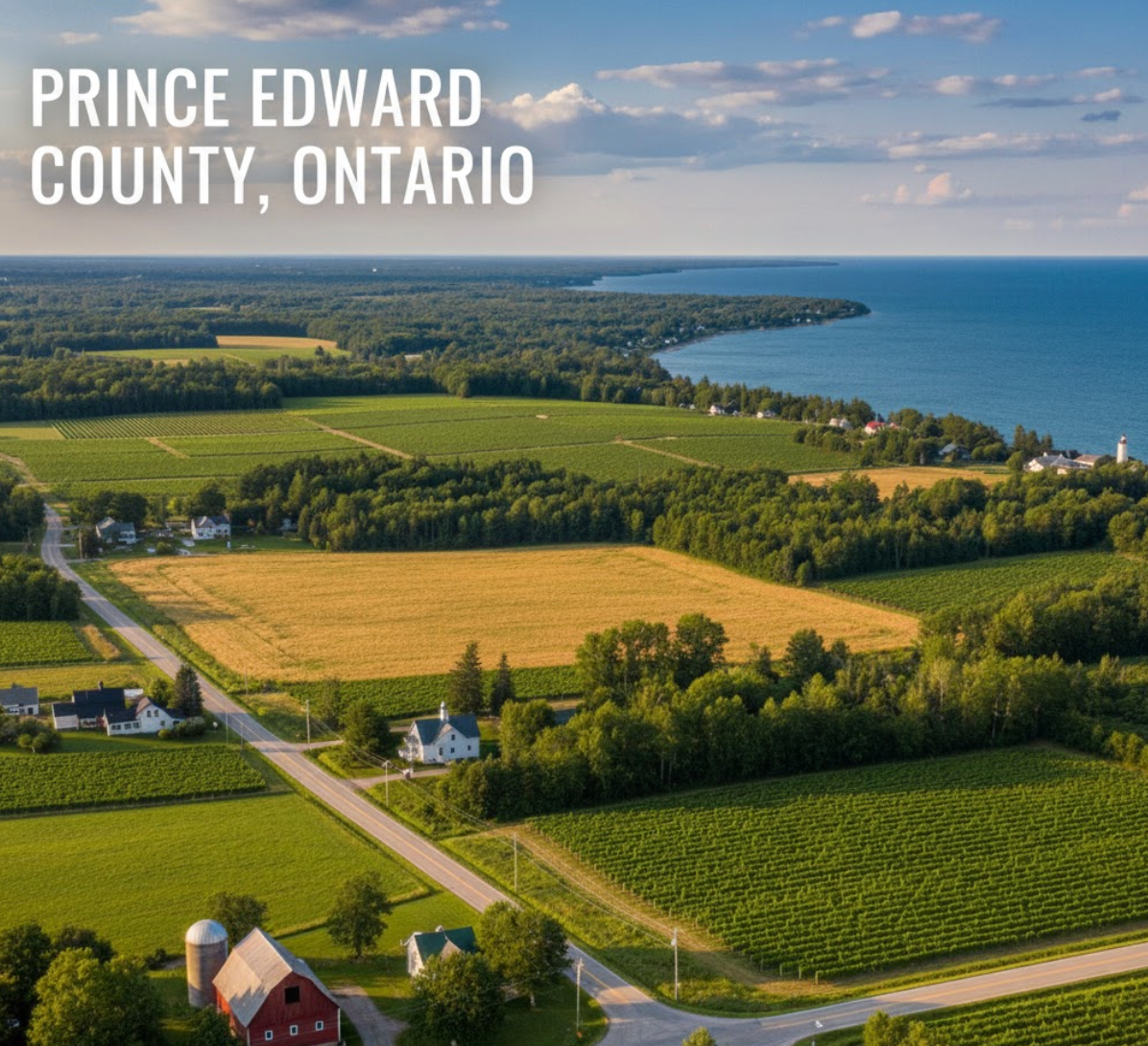 Prince Edward County, Ontario aerial view, highlighting vineyards, farmlands, and Lake Ontario – perfect for limo tours and taxi service access
