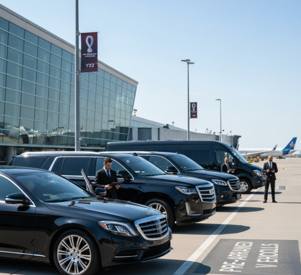 Airport limo fleet parked at Toronto Pearson, luxury sedan and SUV, with a professional chauffeur standing by.