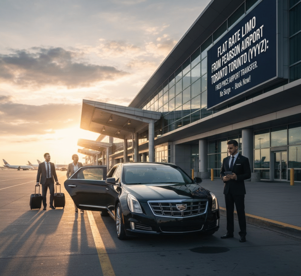 Flat Rate Limo From Pearson Airport Toronto (YYZ): Professional chauffeur waiting by a luxury sedan for a Fixed Price Airport Transfer.
