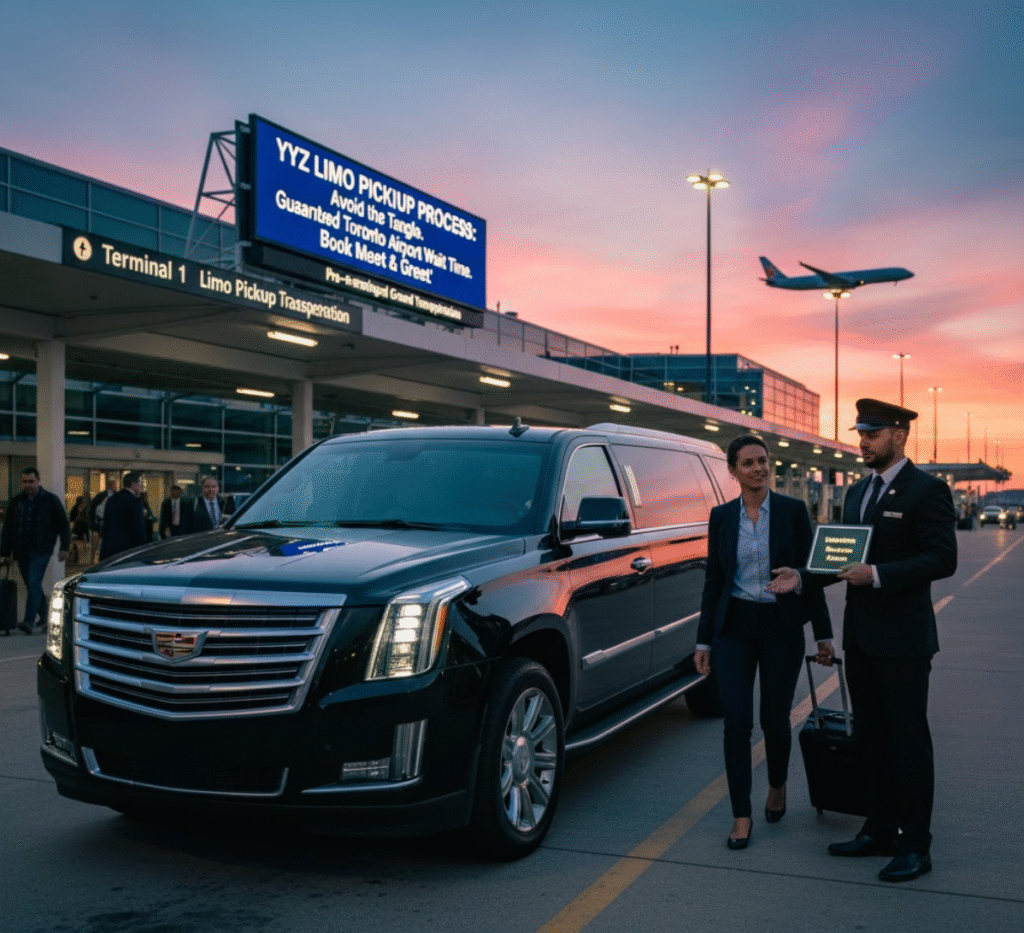 Professional chauffeur providing Pearson Airport Limo Meet and Greet service outside the terminal for a seamless YYZ Limo Pickup Process.