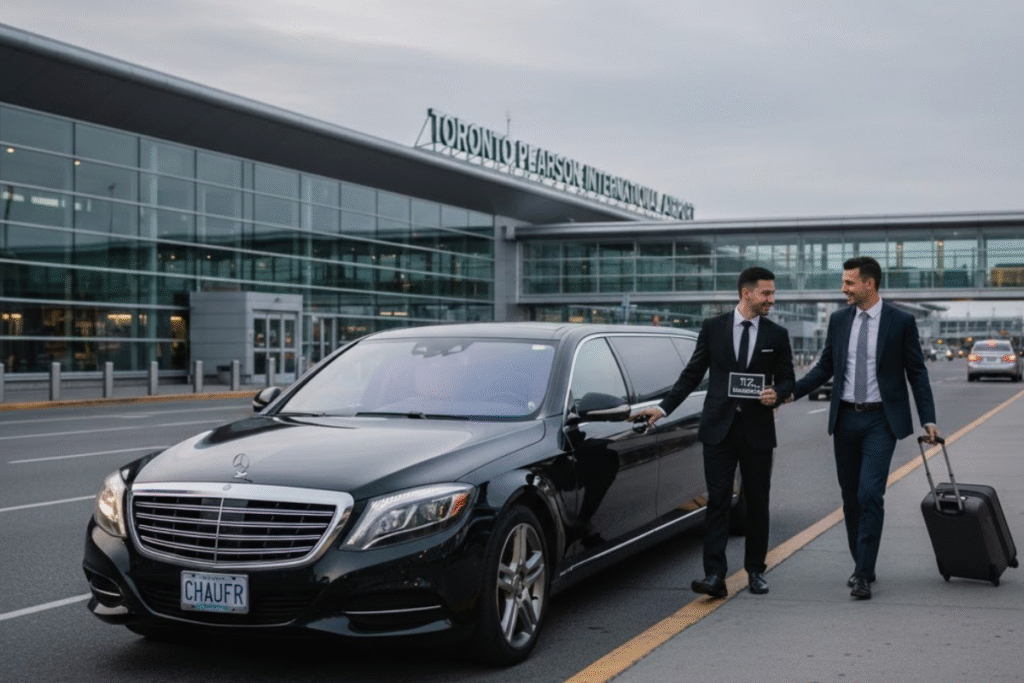 Professional chauffeur service in Toronto (YYZ) opening the door of a black Mercedes-Benz S-Class airport limo for a businessman with a suitcase, contrasting Limo vs Uber Black, while highlighting the value and transparency of booking an airport limo.