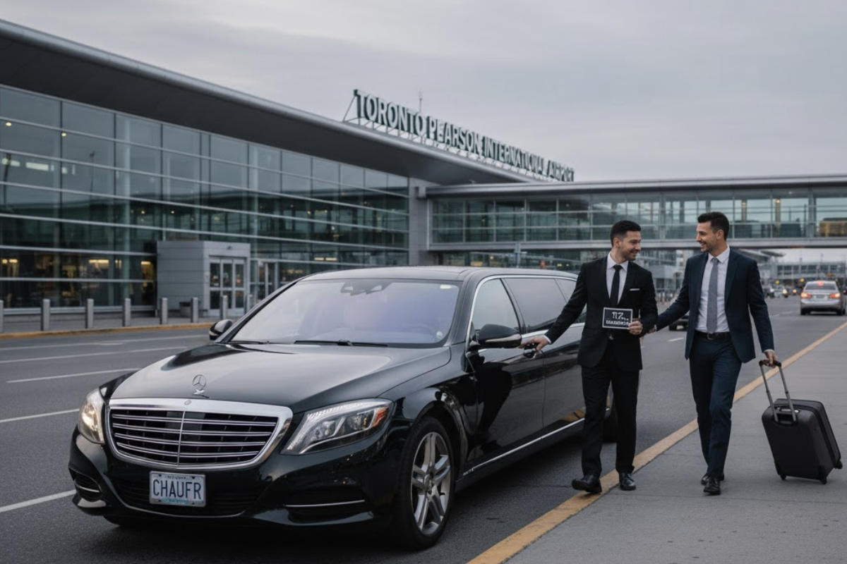 Professional chauffeur service in Toronto (YYZ) opening the door of a black Mercedes-Benz S-Class airport limo for a businessman with a suitcase, contrasting Limo vs Uber Black, while highlighting the value and transparency of booking an airport limo.