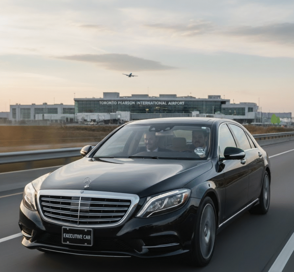 Executive black luxury sedan traveling on a major East GTA highway toward the Toronto Pearson International Airport (YYZ), representing a stress-free flat rate executive transfer from Markham, Unionville, or Stouffville.