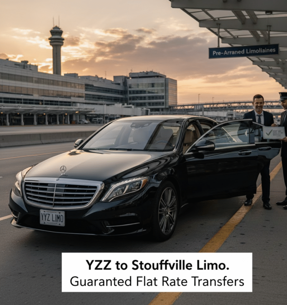 A professional chauffeur holding a "Pre-Arranged" sign for a client with luggage, next to a black luxury sedan at Toronto Pearson Airport (YYZ), signifying a seamless flat rate limo transfer from Pearson Airport Toronto to Stouffville.