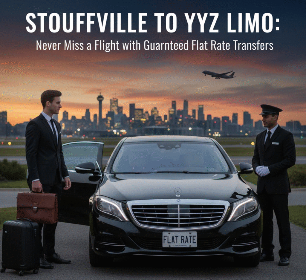 A professional chauffeur greets a business traveler beside a luxury black sedan at Toronto Pearson Airport (YYZ), symbolizing a guaranteed flat rate executive transfer from Stouffville to YYZ limo service, ensuring flights are never missed.