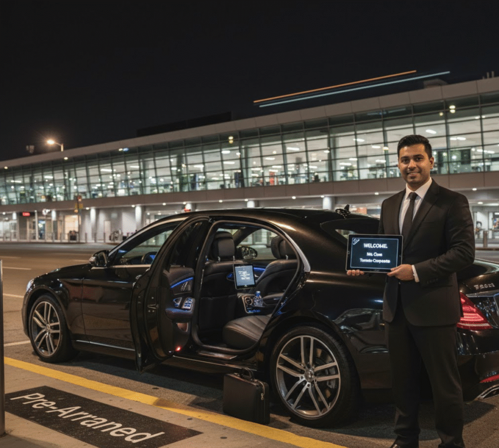 Airport Limo Toronto Professional chauffeur with welcome sign beside a luxury black sedan at Toronto Pearson Airport (YYZ) for corporate transfer