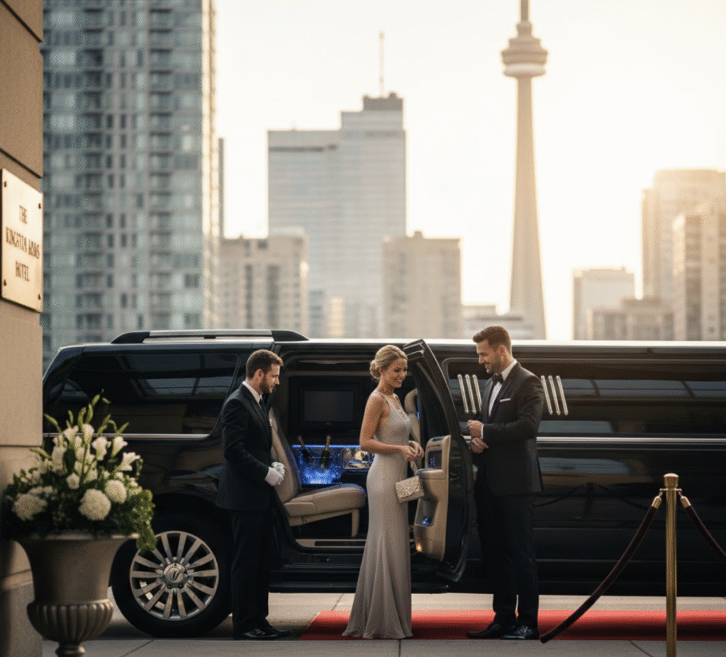 Luxury black car service in Toronto picking up an elegantly dressed couple in front of a downtown hotel with the CN Tower in the background.