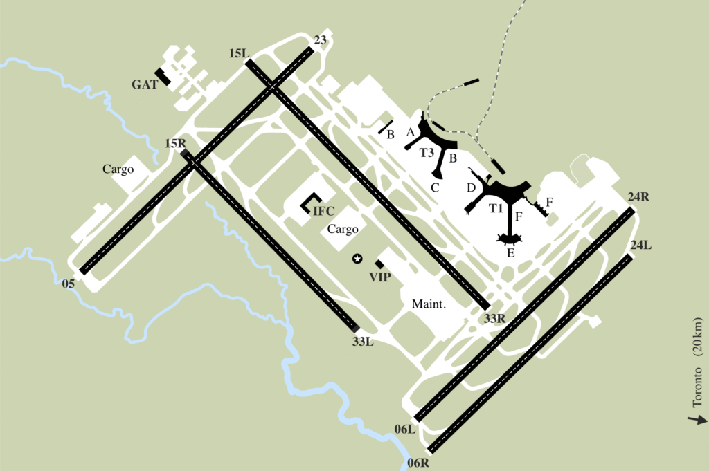 A detailed aerial diagram of Toronto Pearson International Airport (YYZ) showing its six runways, two main terminals (T1 and T3), taxiways, cargo areas, and other facilities, with runway designations and a north arrow pointing towards Toronto