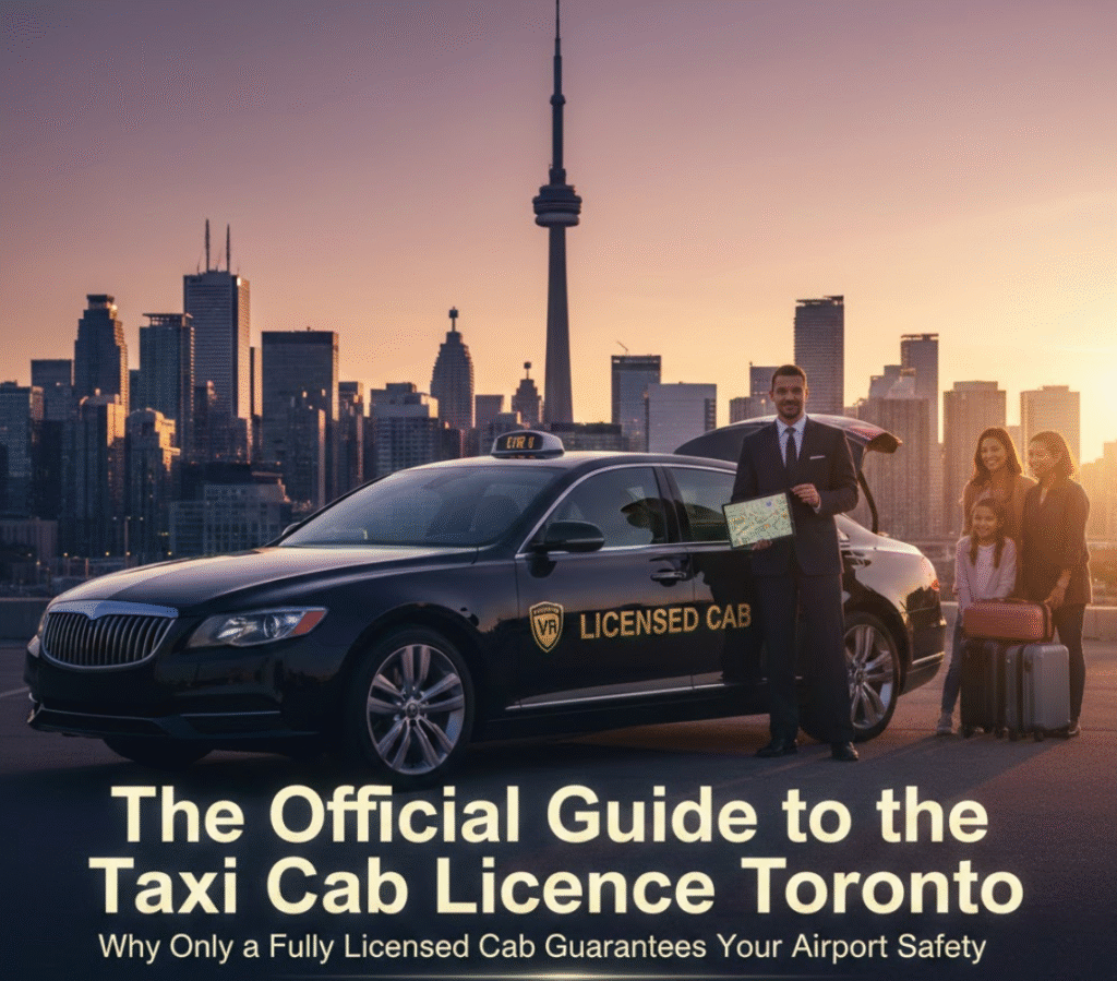 Professional driver standing beside a black licensed cab (limousine style) with the Toronto skyline at sunset, welcoming a family with luggage. The image visually represents the assurance of the official taxi cab licence toronto and limousine license toronto standards for a safe airport transfer.