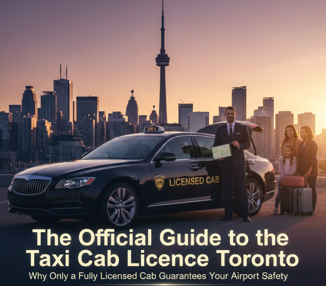 Professional driver standing beside a black licensed cab (limousine style) with the Toronto skyline at sunset, welcoming a family with luggage. The image visually represents the assurance of the official taxi cab licence toronto and limousine license toronto standards for a safe airport transfer.