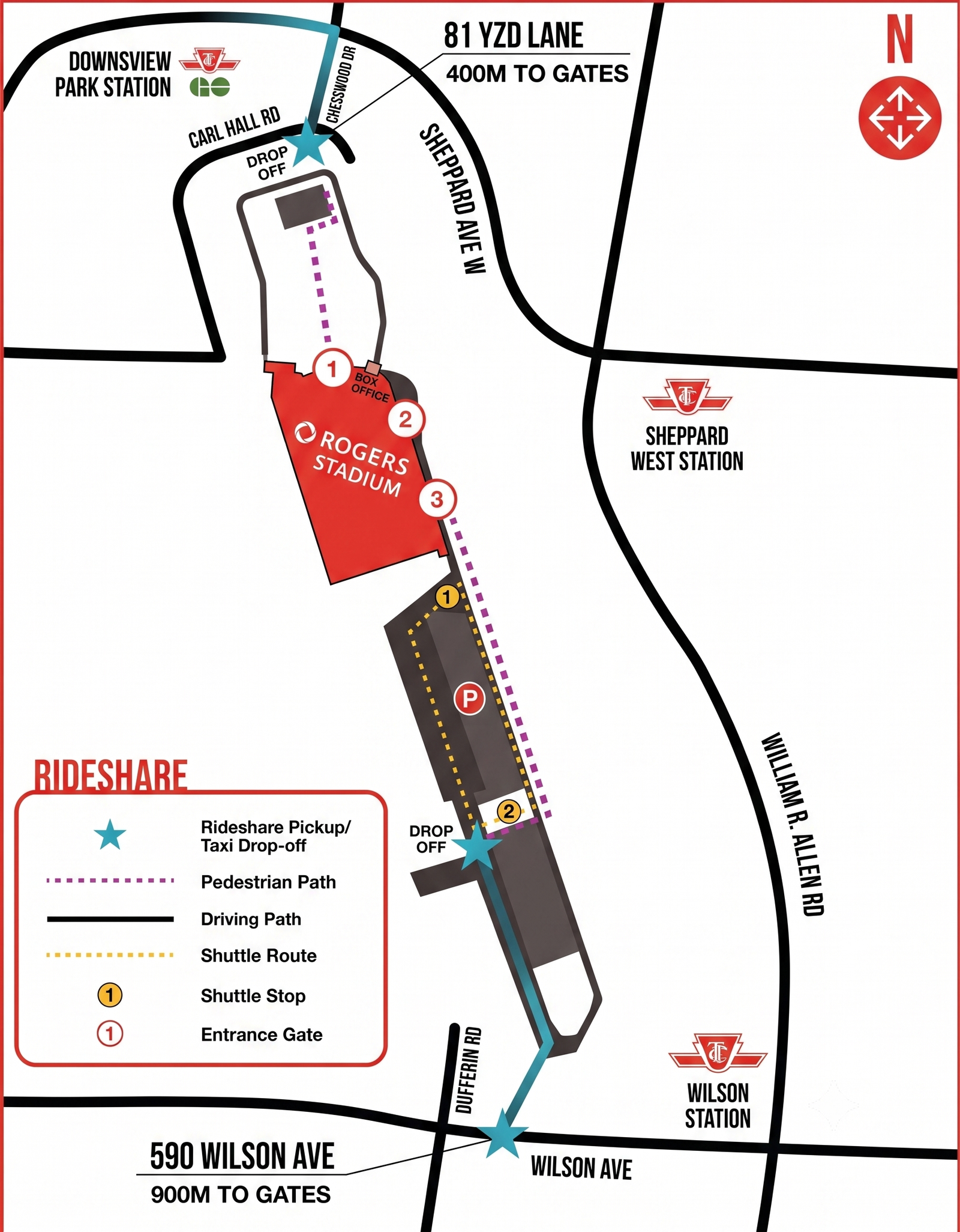 Rogers Stadium official access map showing rideshare and taxi drop-off locations at 81 YZD Lane North Gate and 590 Wilson Ave South Gate