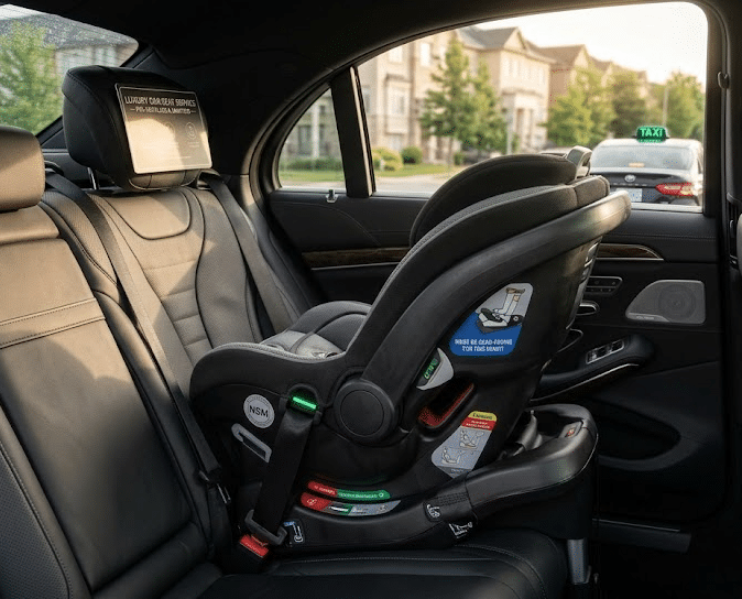 Pre-installed rear-facing infant seat, toddler seat, and booster seat for Toronto airport taxi transfers