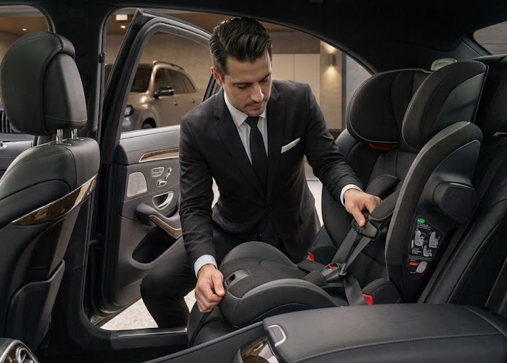 Professional chauffeur preparing a pre-installed child safety car seat at Toronto Pearson Airport