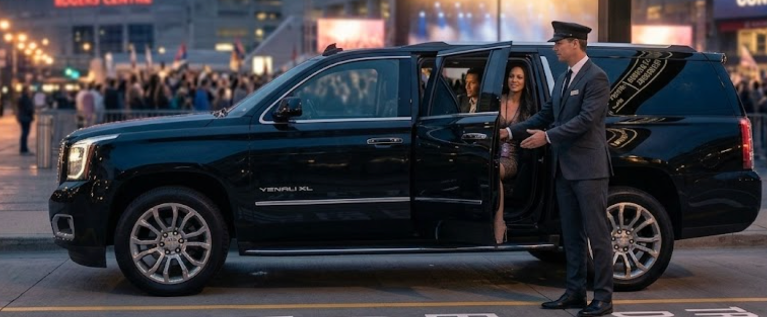 Professional chauffeur standing beside executive SUV at Rogers Stadium concert drop off