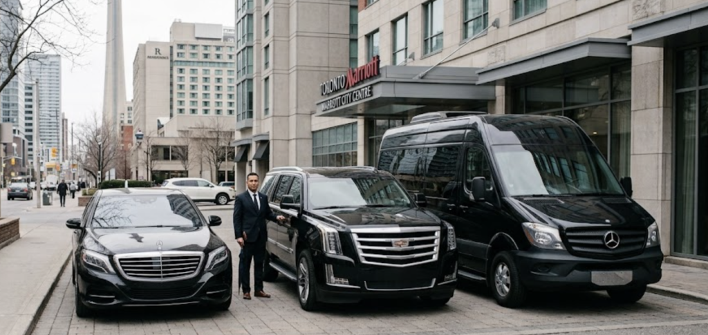 Executive fleet of black sedans, Cadillac Escalades, and passenger vans for Rogers Stadium transfers