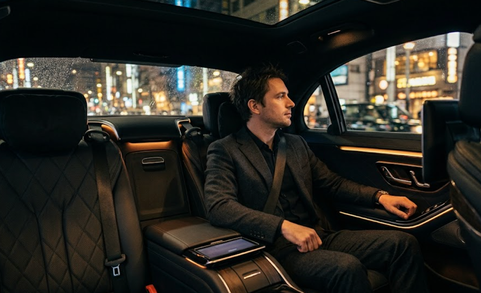 Passenger enjoying a quiet late-night return ride home from Rogers Stadium in a private sedan