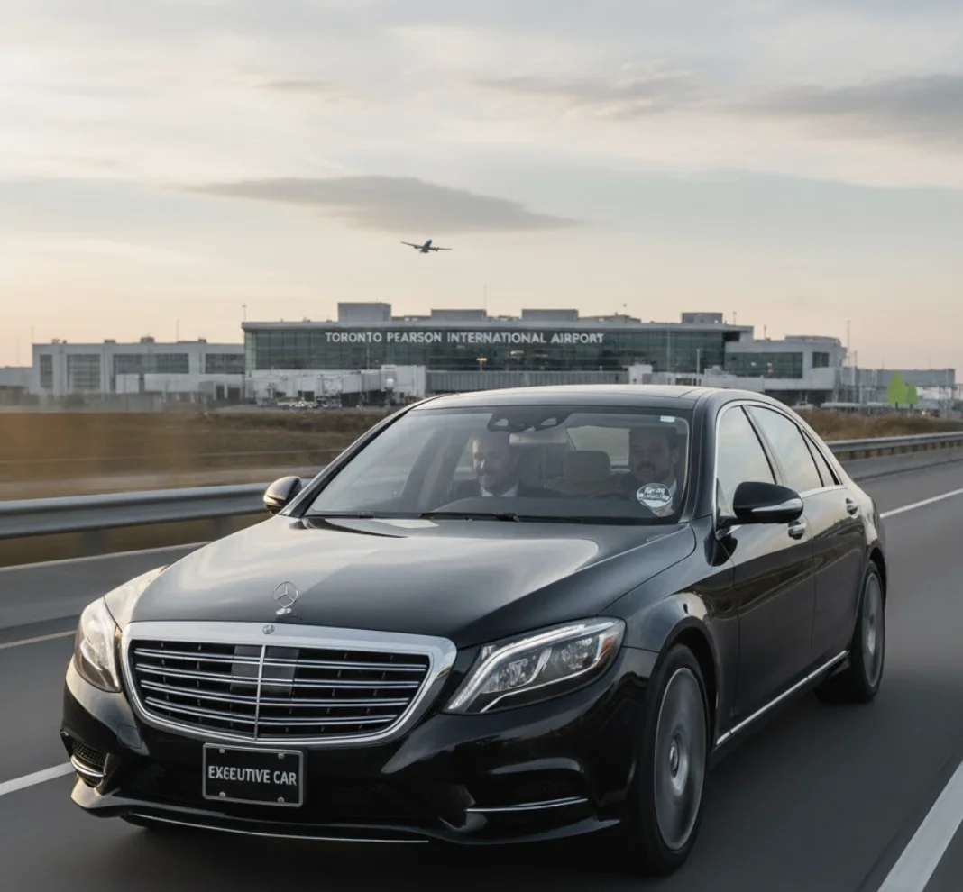 Executive black luxury sedan traveling on a major East GTA highway toward the Toronto Pearson International Airport (YYZ), representing a stress-free flat rate executive transfer from Markham, Unionville, or Stouffville.