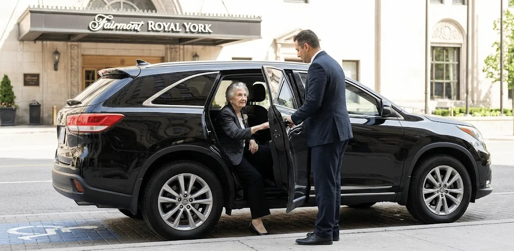 Professional chauffeur assisting an elderly woman into a luxury black SUV in front of the Fairmont Royal York Hotel in Toronto.