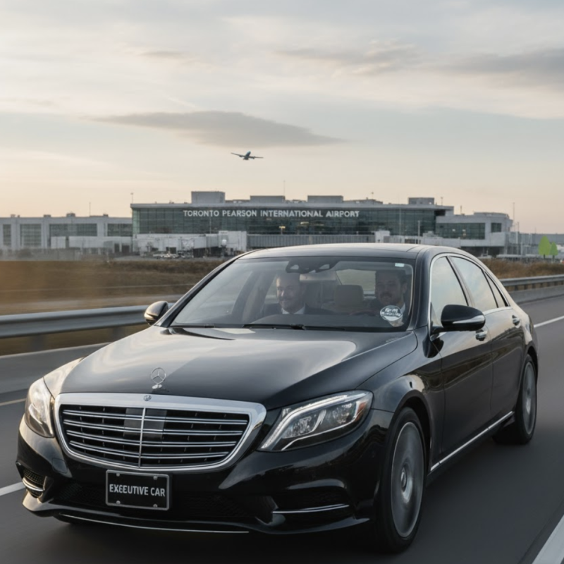 Executive black luxury sedan traveling on a major East GTA highway toward the Toronto Pearson International Airport (YYZ), representing a stress-free flat rate executive transfer from Markham, Unionville, or Stouffville.