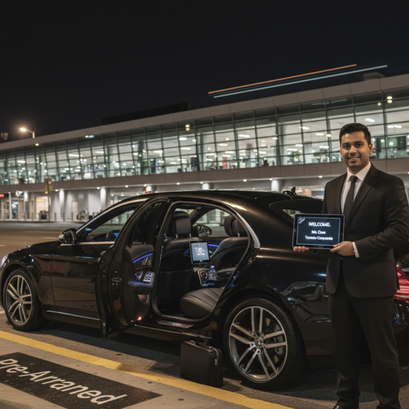 Airport Limo Toronto Professional chauffeur with welcome sign beside a luxury black sedan at Toronto Pearson Airport (YYZ) for corporate transfer