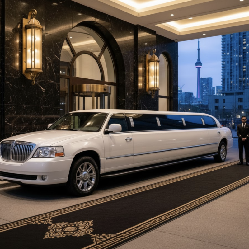 White Lincoln stretch limo service Toronto at luxury hotel entrance for events.