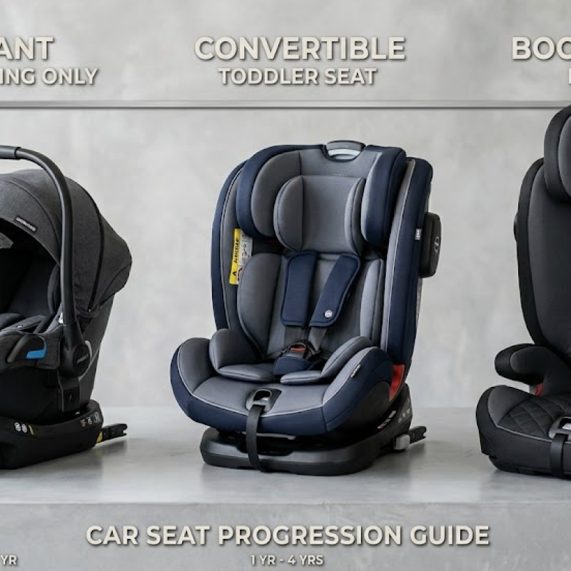 A clean, modern 3-in-1 horizontal product display showing three premium, sanitized child car seats side by side against a soft grey luxury background.