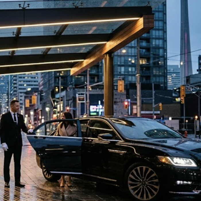 Private car service arriving at downtown Toronto hotel on popular transfer route from Rogers Stadium